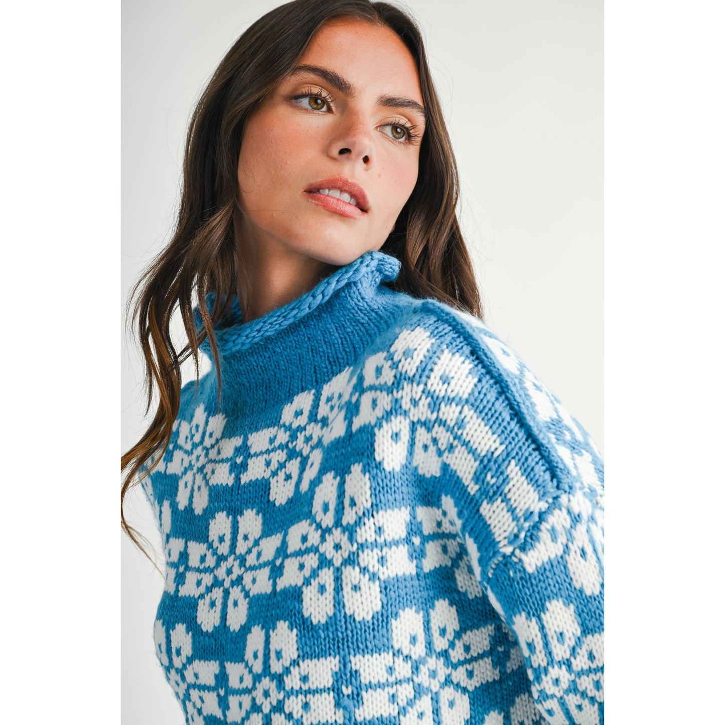 Floral Fair Isle Mock Neck Sweater - Blue (By AEMI & CO. )