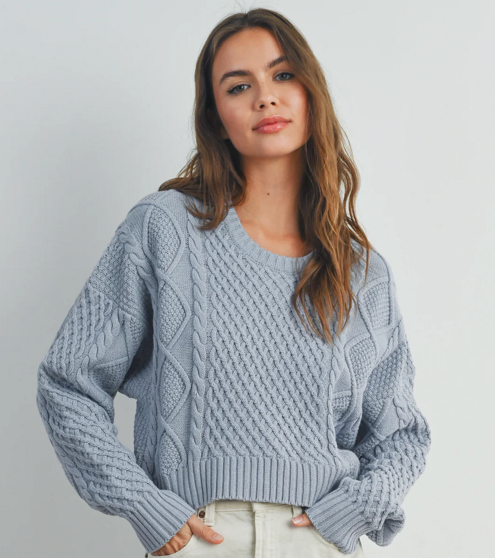 Casual Solid Knit Cable Sweater Light blue - By BUTTERMELON