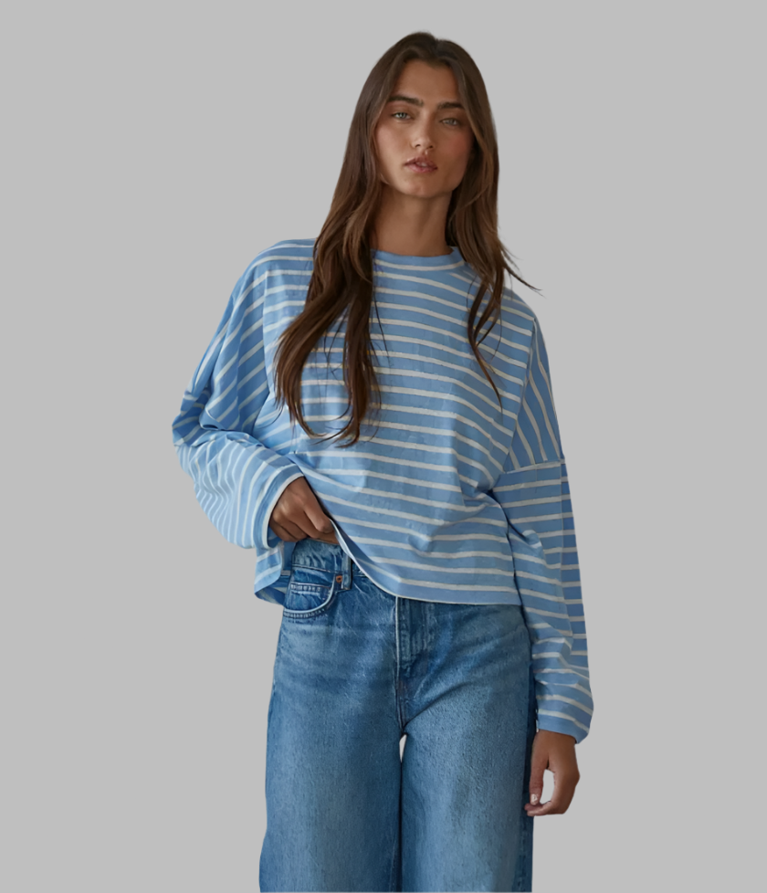 Knit Cotton Striped Mock Neck Long Sleeve - Blue
