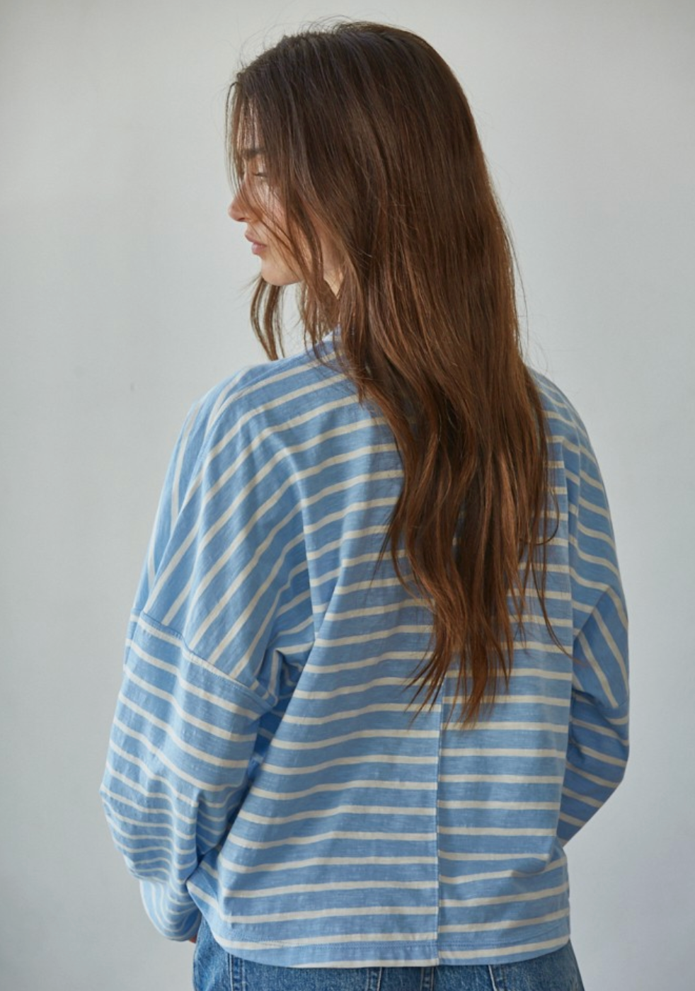 Knit Cotton Striped Mock Neck Long Sleeve - Blue