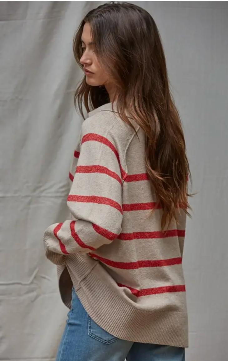 Striped Collar V-Neck Pullover - By Together