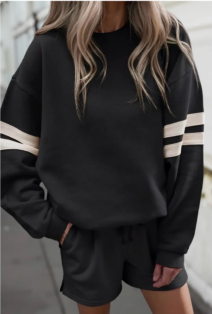 Striped Long Sleeve Sweatshirt & Shorts Set - Black