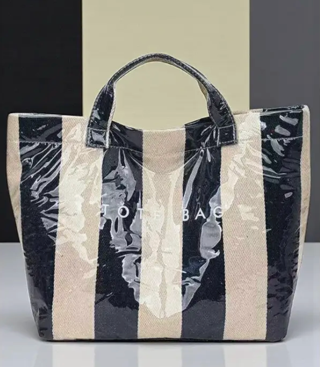Black & Beige Striped Tote Bag - By: Nash Grey