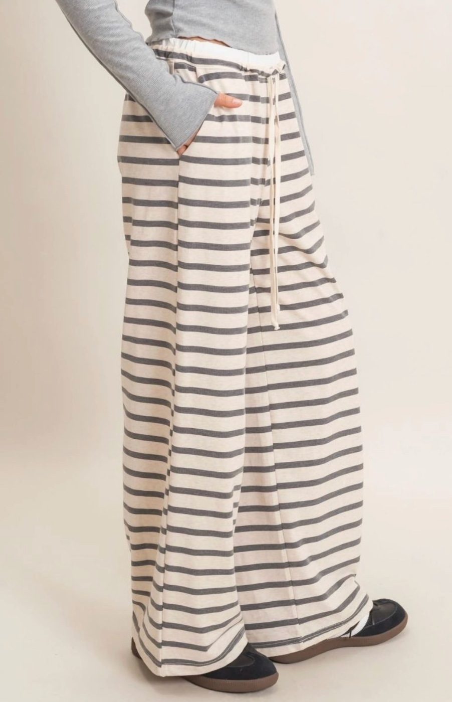 Striped Wide Leg Lounge Pants - Gray/Ecru