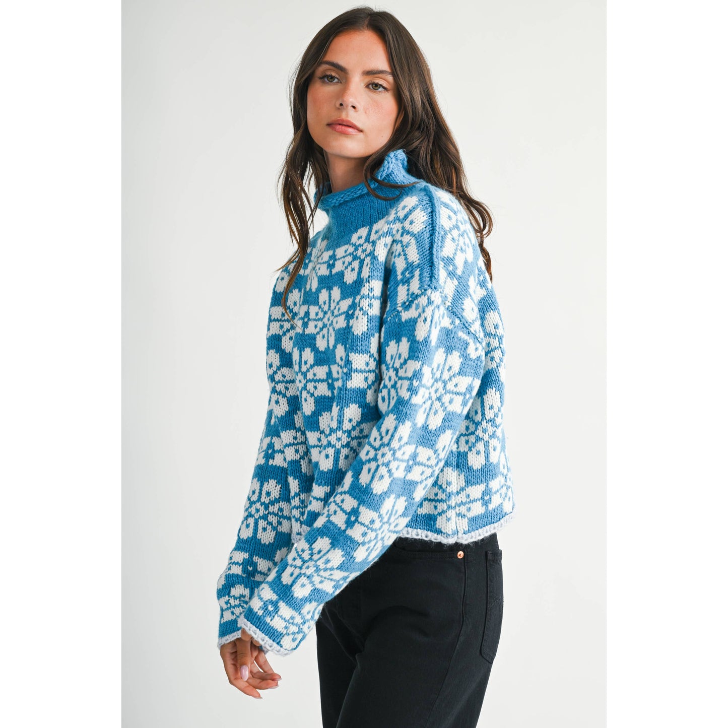 Floral Fair Isle Mock Neck Sweater - Blue (By AEMI & CO. )