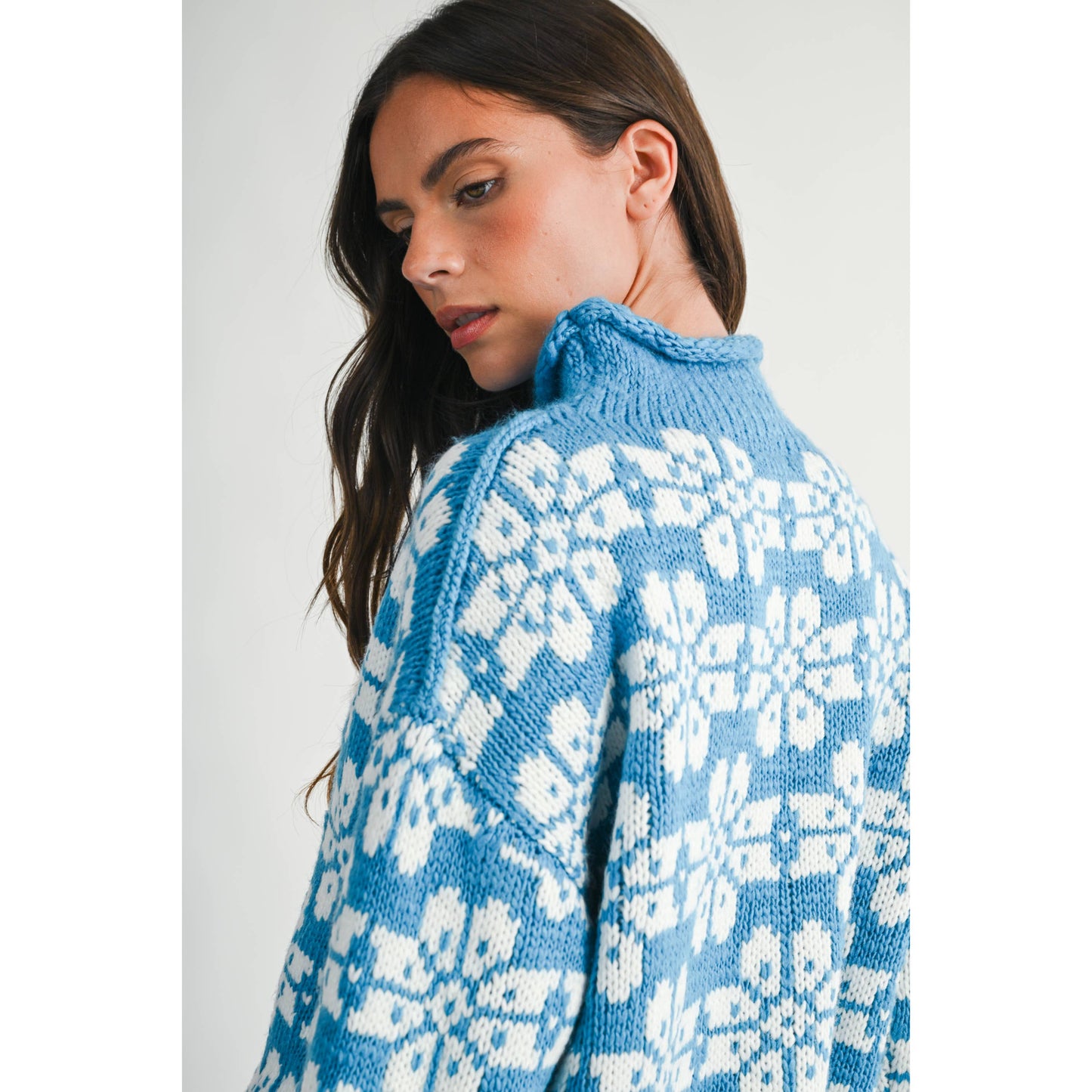 Floral Fair Isle Mock Neck Sweater - Blue (By AEMI & CO. )