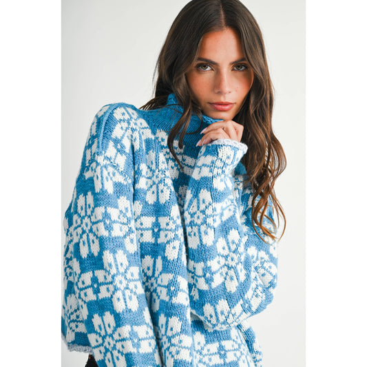 Floral Fair Isle Mock Neck Sweater - Blue (By AEMI & CO. )
