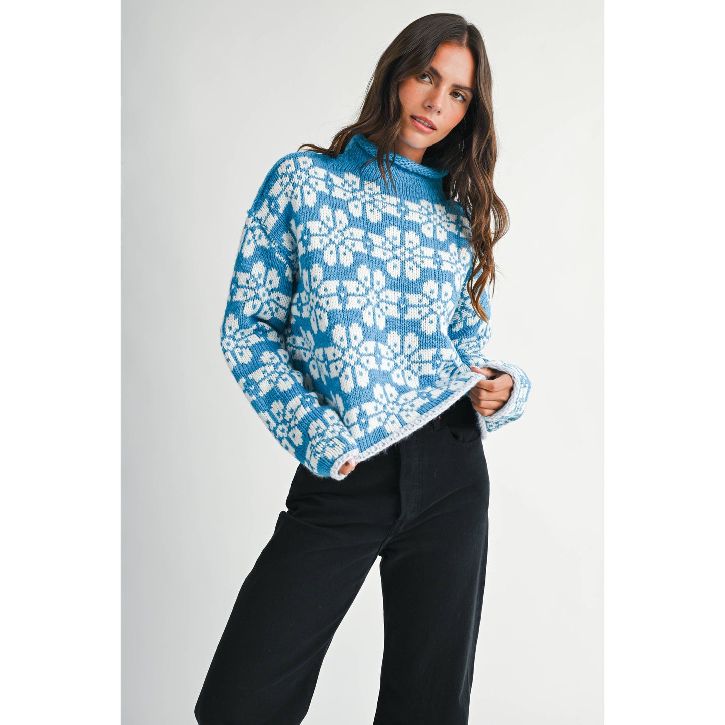 Floral Fair Isle Mock Neck Sweater - Blue (By AEMI & CO. )
