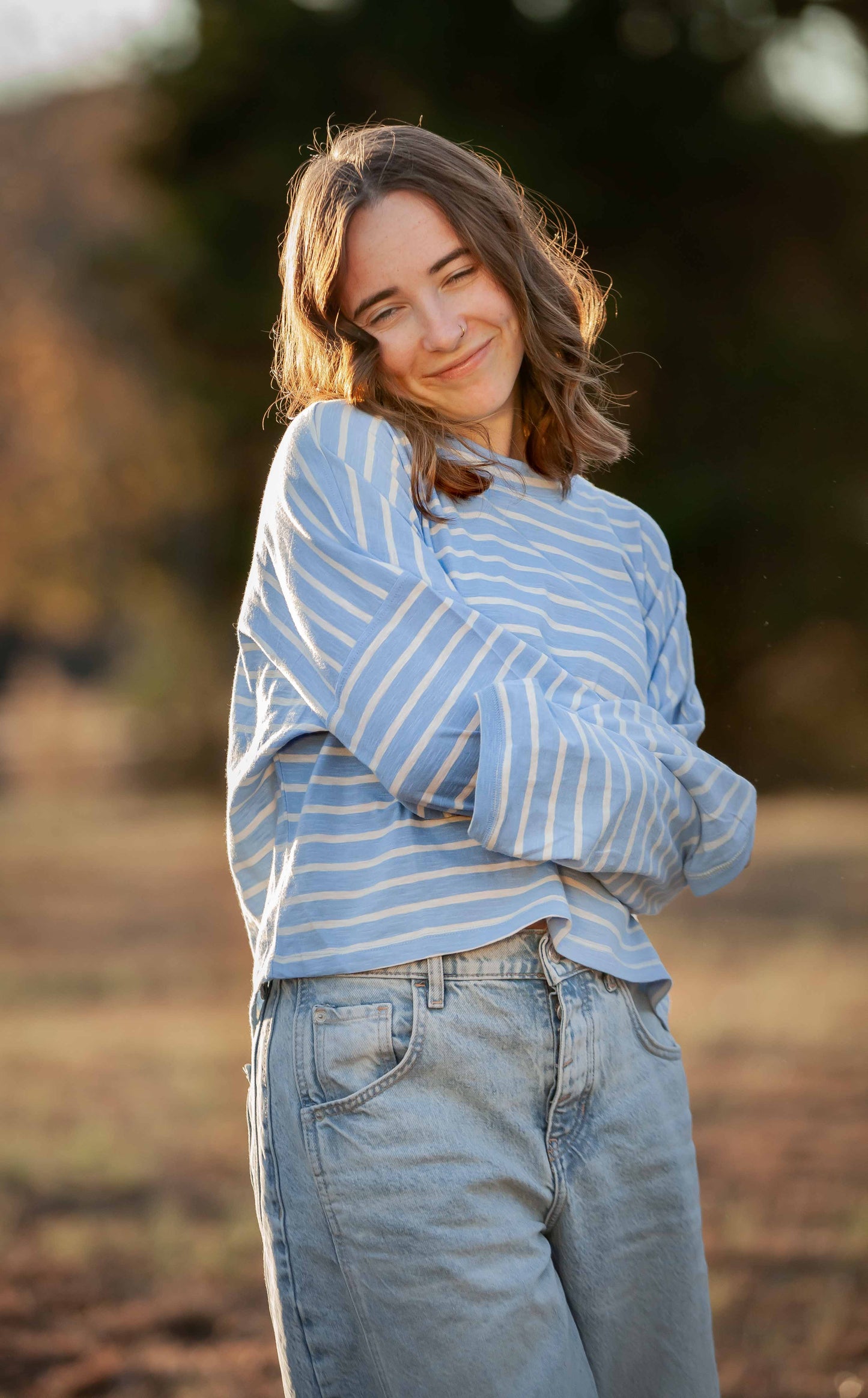 Knit Cotton Blue Striped Mock Neck Long Sleeve - By Together