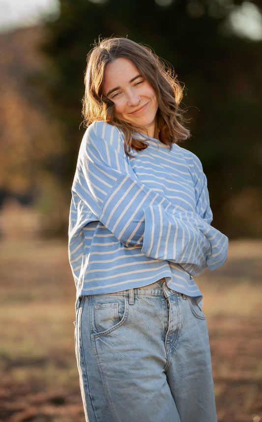 Knit Cotton Blue Striped Mock Neck Long Sleeve - By Together