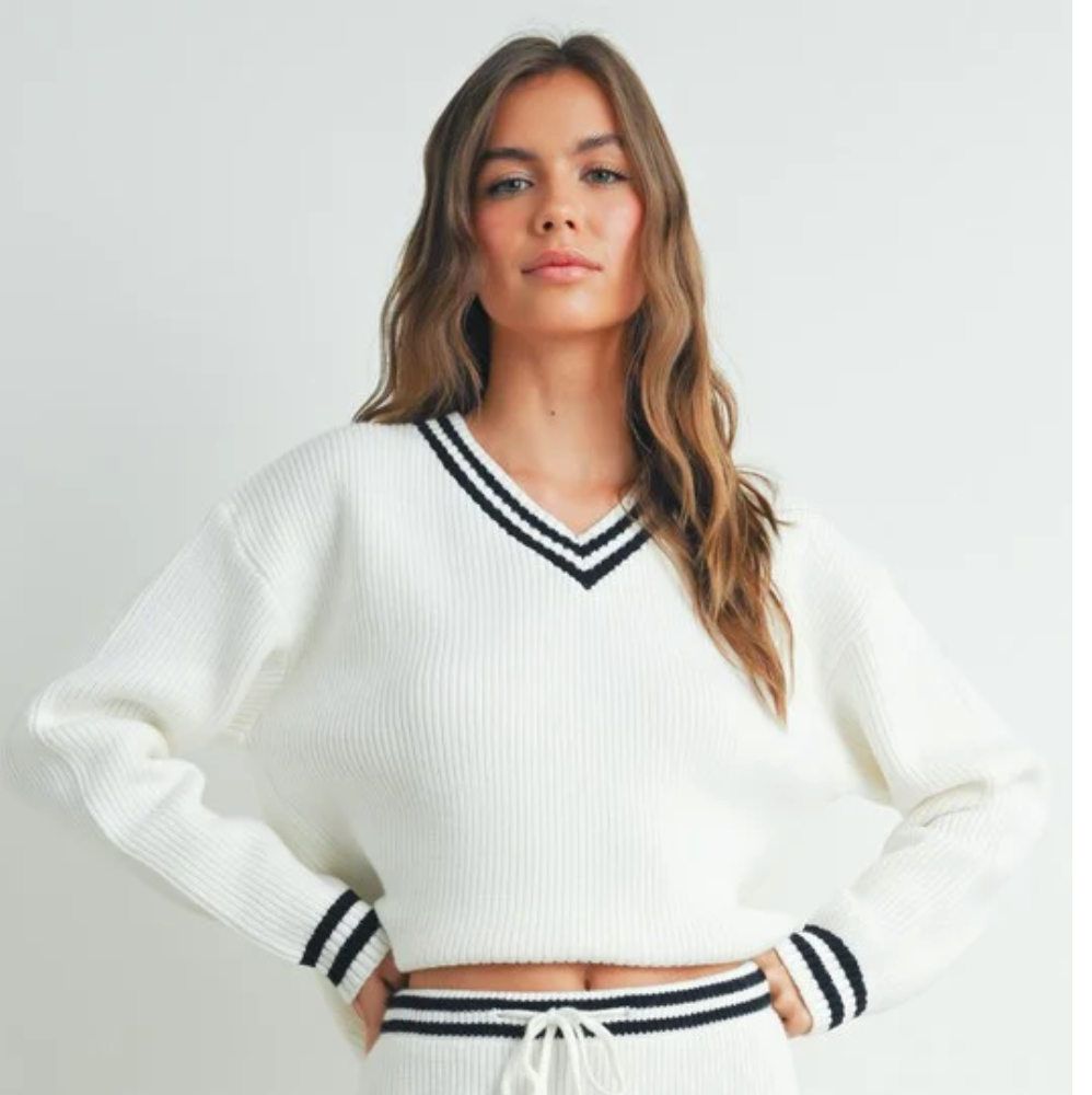 Striped V-Neck Sweater - IVORY/BLACK