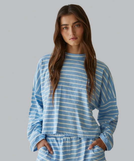 Knit Cotton Striped Mock Neck Long Sleeve - Blue