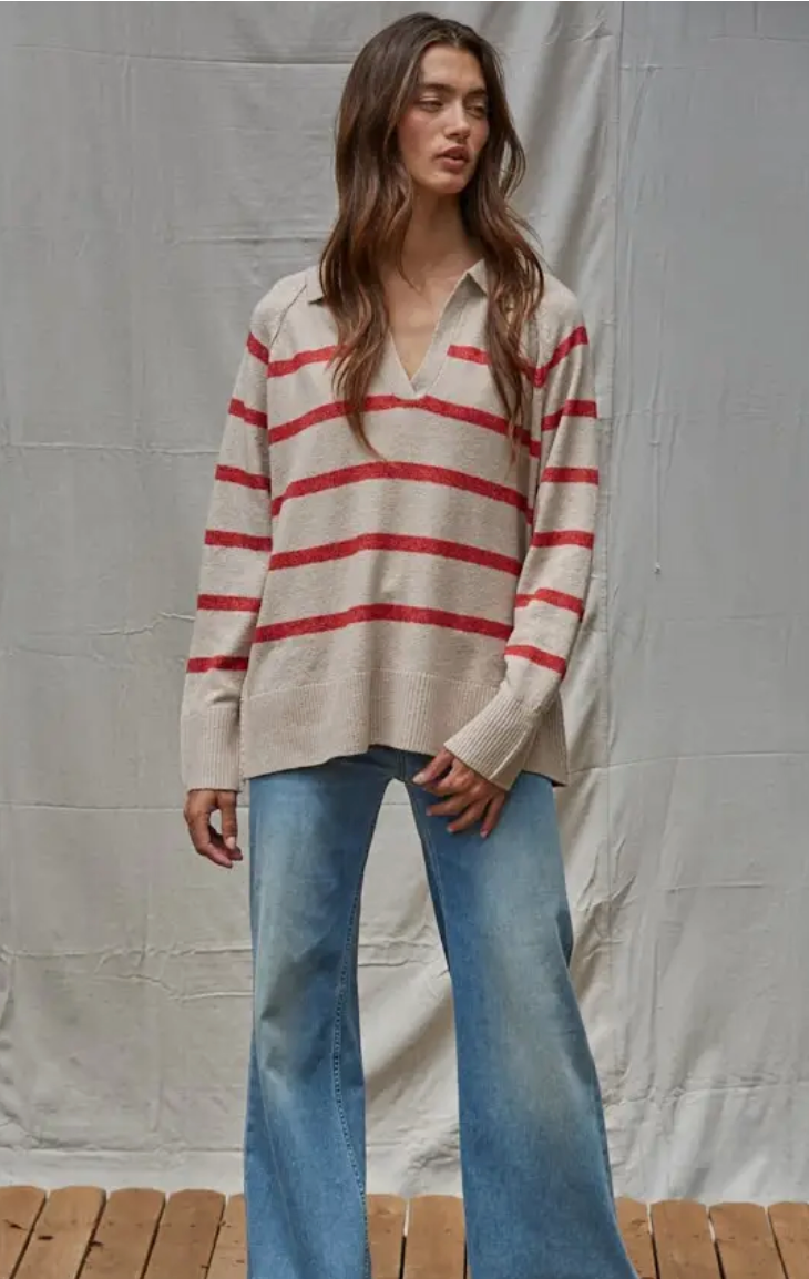 Striped Collar V-Neck Pullover - By Together