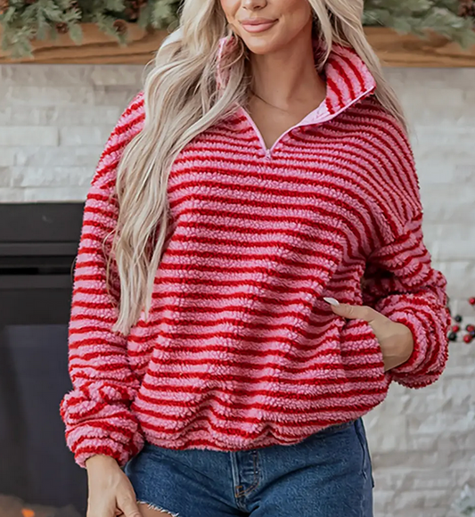 Striped Quater Zip Oversized Fleece - Pink/Red