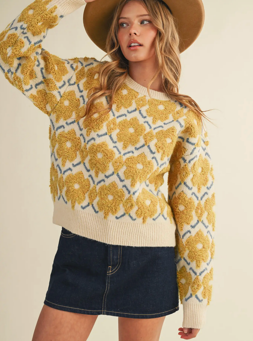 Fuzzy Texture Floral Sweater - by &MERCI