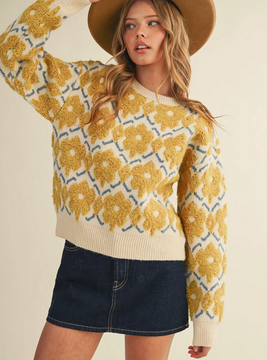 Fuzzy Texture Floral Sweater - by &MERCI