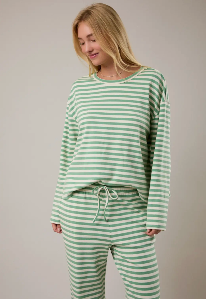 Long Sleeve Round Neck Stripe Boxy Top with Wide Leg Pants  - By:LeLis