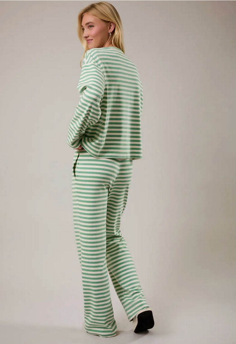 Long Sleeve Round Neck Stripe Boxy Top with Wide Leg Pants  - By:LeLis