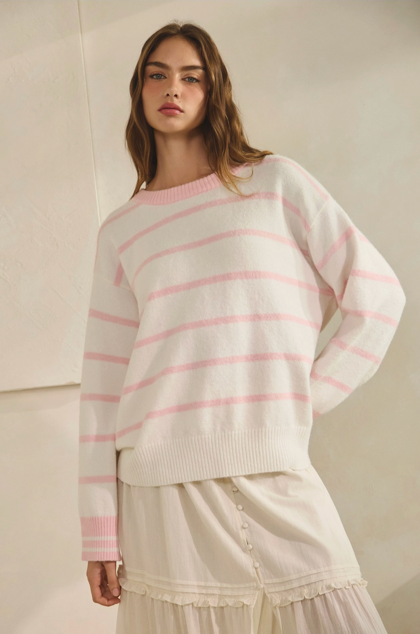 Oversized Striped Sweater - Pink/white By: Creamon
