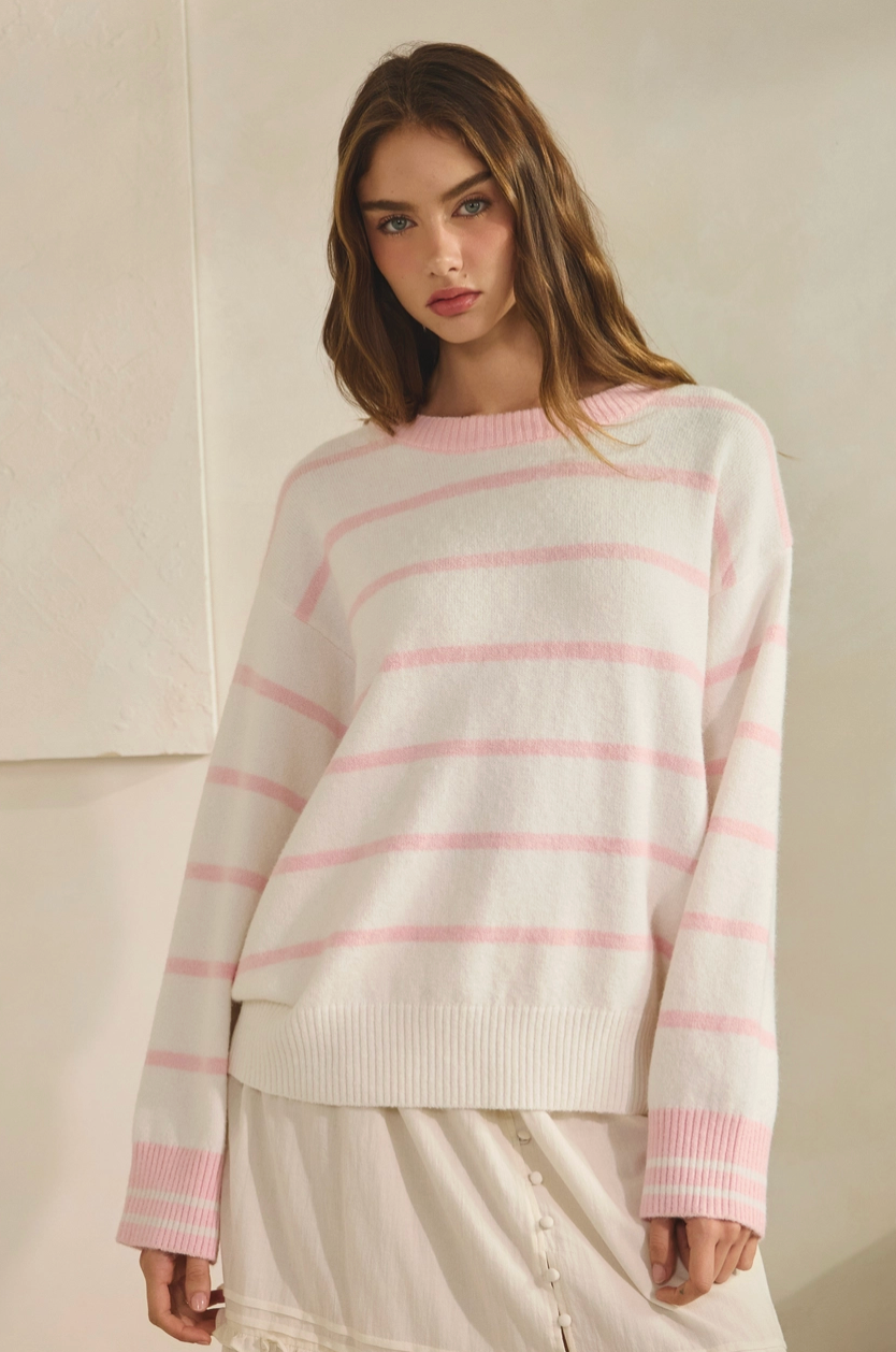 Oversized Striped Sweater - Pink/white By: Creamon