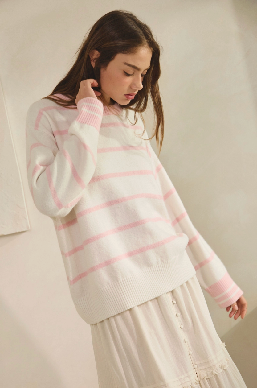 Oversized Striped Sweater - Pink/white By: Creamon