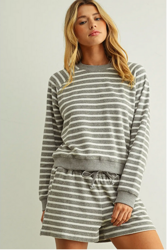 Striped Print Pullover Sweatshirt - White/Grey By Miou Muse